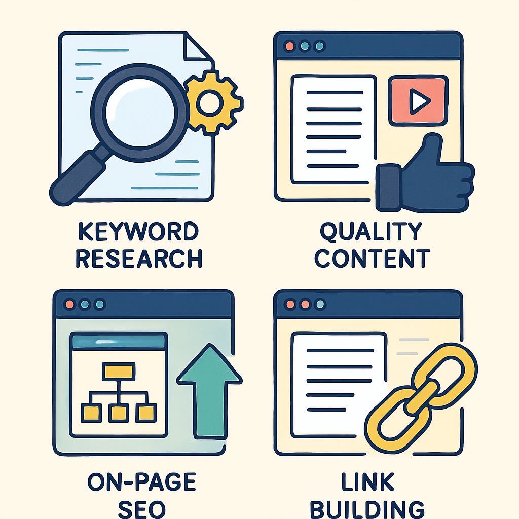 Digital illustration showing SEO and AI concepts for ranking content in LLMs, featuring analytics charts, neural network visuals, and keyword optimization strategies used to improve visibility in generative search engines.