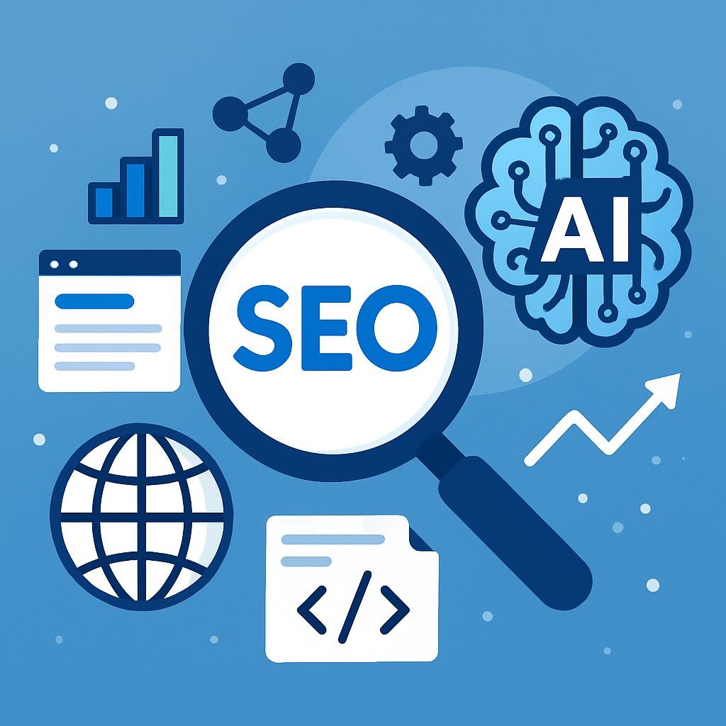 Visual representation of SEO and AI concepts for ranking content in search engines and large language models, highlighting data analysis, algorithm optimization, and digital visibility.”